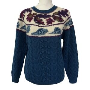 Harve Benard Womens 100% Wool Leaf Cable Knit  Sweater Size M Blue Hand Knit 90s